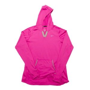 Nike Running Dri Fit Pullover Hooded Womens L Pink Long Sleeve Thumb Hole